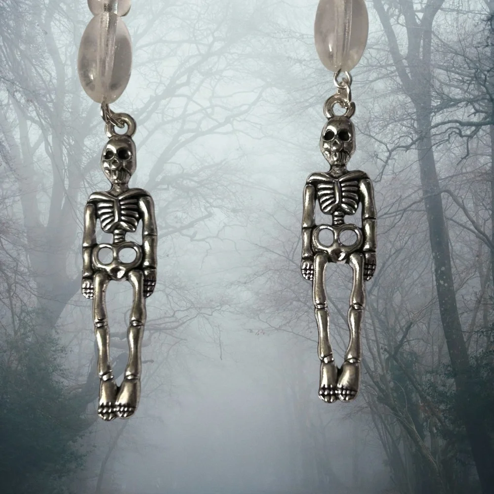 Hand Crafted Skeleton Earrings Glow Beads Long Duster Halloween Pierced - Picture 3 of 6